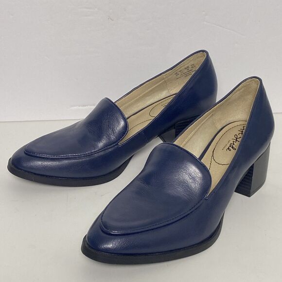 LIFE STRIDE Womens Navy Loafer Devyn Almond Toe Block Heel Slip On Pumps 9W - Picture 1 of 8